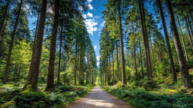 Forest managed sustainably with fsc certification concept. A serene forest path surrounded by tall green trees and blue skies.