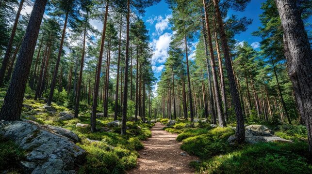 Forest managed sustainably with fsc certification concept. A serene forest pathway surrounded by towering pine trees.