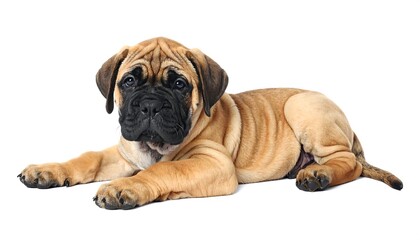Obraz premium Tan mastiff puppy with wrinkled face lies on white background.