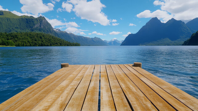 Old wooden pier extends into calm lagoon water, surrounded by mountains and blue sky