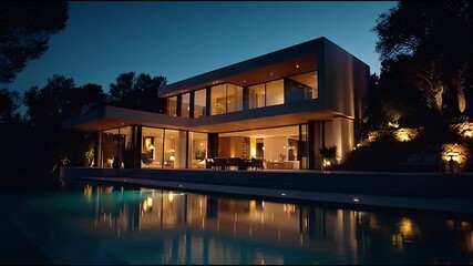 Cinematic view of an opulent modern architectural masterpiece with a tranquil swimming pool reflecting its warm lights at night