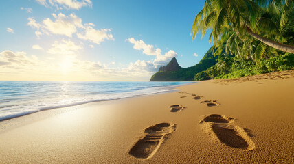 Footprints beach ocean sand sunrise palm tropical peaceful travel nature