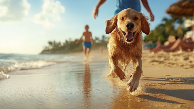 Happy dog running on sandy beach chasing ball, playful summer scene with people outdoors - Powered by Adobe