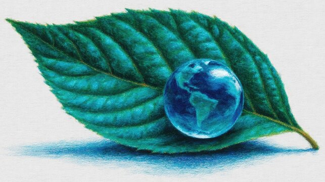 Water drop shaped like earth resting on leaf concept. A vibrant green leaf with a small globe representing Earth.