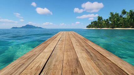 Fototapeta premium Wooden pier, tropical ocean, clear blue sky, palm tree, island, peaceful summer scene