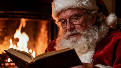 Retrato de santa claus leyendo un libro grueso junto a una chimenea