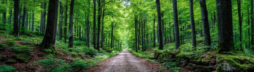 Obraz premium Forest managed sustainably with fsc certification concept. A serene forest path surrounded by lush green trees.