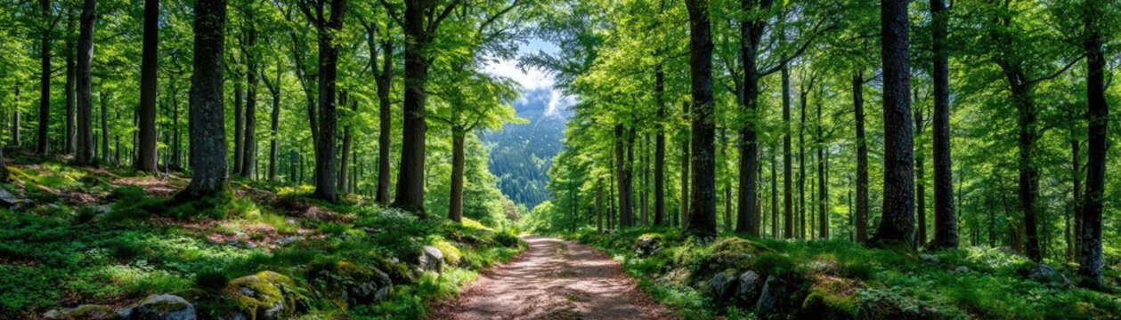 Forest managed sustainably with fsc certification concept. Lush green forest path, inviting exploration and outdoor adventure.