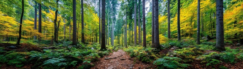 Fototapeta premium Forest managed sustainably with fsc certification concept. Lush forest path surrounded by vibrant autumn foliage.