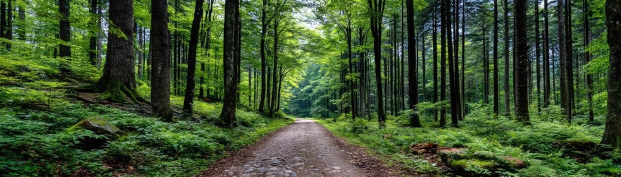Forest managed sustainably with fsc certification concept. Peaceful forest path surrounded by lush green trees and foliage.