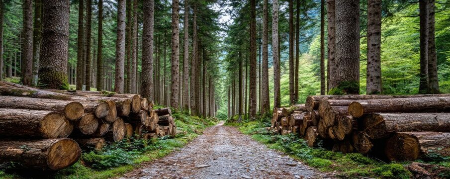 Forest managed sustainably with fsc certification concept. A serene forest pathway lined with trees and stacked logs.