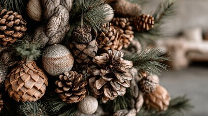 A close-up of a rustic holiday arrangement featuring pine cones, evergreen branches, and knitted ornaments.