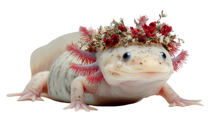  Adorable axolotl with festive decorations and colorful elements celebrating joyful themes for children illustrations and party scenes isolated on white background
