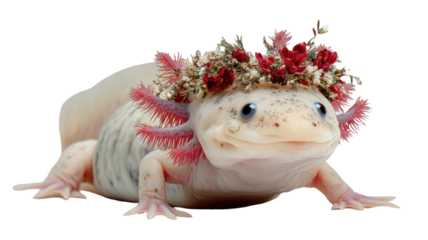  Adorable axolotl with festive decorations and colorful elements celebrating joyful themes for children illustrations and party scenes isolated on white background