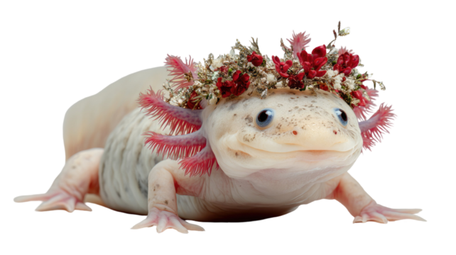  Adorable axolotl with festive decorations and colorful elements celebrating joyful themes for children illustrations and party scenes isolated on white background