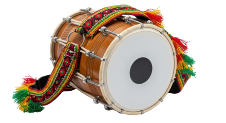 Traditional Indian Dhol drum musical instrument isolated PNG with Transparent Background