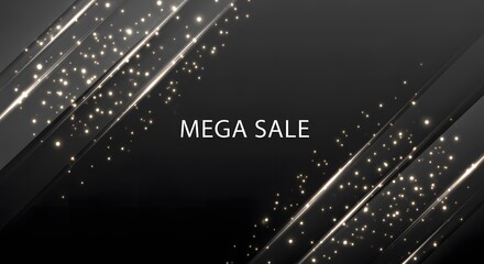 Mega Sale Announcement with Glittering Lights and Diagonal Stripes on a Dark Background