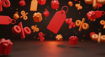 Dynamic 3D illustration featuring floating red percentage signs, sale tags, and gift boxes on a dark background for a major shopping promotion