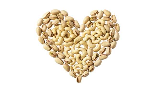 Heart shape made of pistachios and cashew nuts isolated PNG with Transparent Background - Powered by Adobe