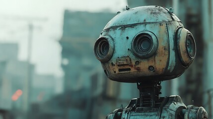 Close-up of a weathered industrial robot with peeling turquoise paint and rust texture. Its vintage, futuristic design is set against a blurred urban backdrop, ideal for sci-fi themes