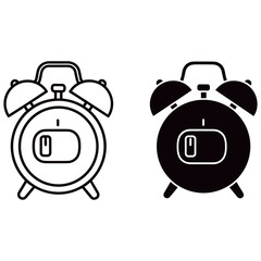 Alarm clock icon in black and white, showing time management and schedule, isolated on white background