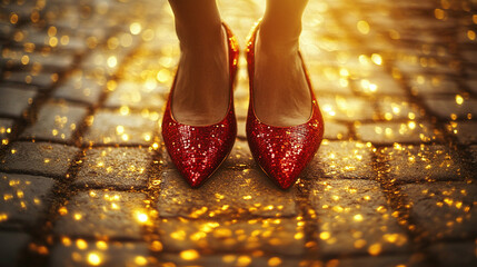 Naklejka premium A dramatic shot of ruby red slippers on a yellow brick road, surrounded by swirling golden light, as if part of a fantastical journey, evoking a sense of adventure and magic.