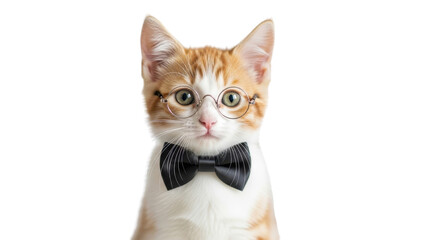 Obraz premium Ginger kitten wearing eyeglasses and bow tie isolated PNG with Transparent Background