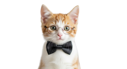 Ginger kitten wearing eyeglasses and bow tie isolated PNG with Transparent Background