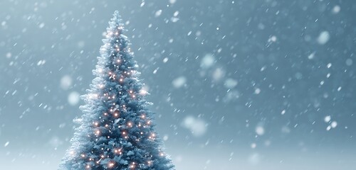 An outdoor Christmas tree with sparkling lights, surrounded by snow and falling snowflakes, ultra-realistic HD shot