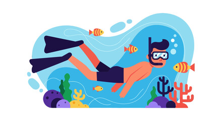 Obraz premium Vibrant Diver Exploring Undersea World Amongst Playful Fish in a Stunning Illustration