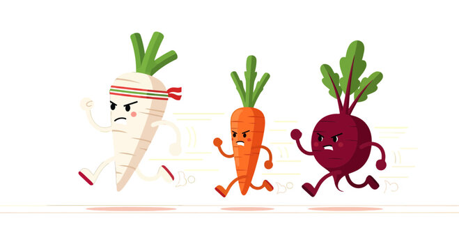 Vegetable Race: Sprightly Carrots, Beets, And Parsnips Engaged In A Competitive Run