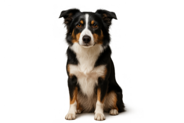 Border collie dog sitting patiently, showing its intelligent expression. Domestic animal portrait, loyal pet theme, transparent background