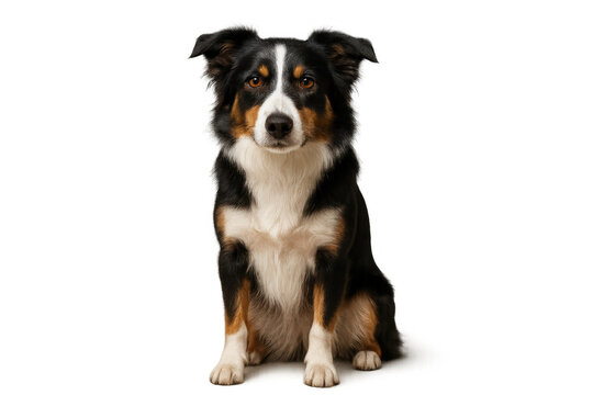 Border collie dog sitting patiently, showing its intelligent expression. Domestic animal portrait, loyal pet theme, transparent background