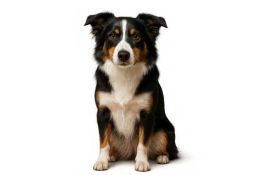 Border collie dog sitting patiently, showing its intelligent expression. Domestic animal portrait, loyal pet theme, transparent background