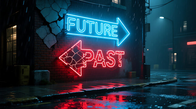 Neon signs illuminate a rainy street corner, contrasting the future and past in a futuristic cyberpunk cityscape