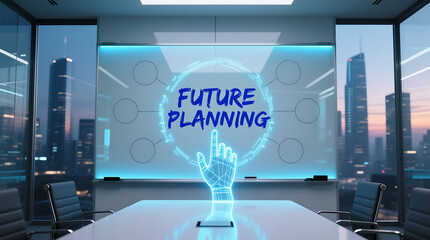 Future planning concept presented in modern office with cityscape backdrop, illustrating strategy and business vision for success