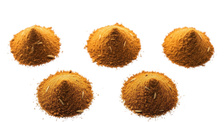 Five piles of ground turmeric powder isolated PNG with Transparent Background