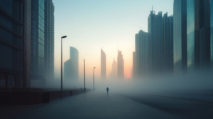 A foggy cityscape at sunrise, with towering skyscrapers barely visible through the haze, and a single person walking through the empty streets, evoking a sense of isolation and quiet.