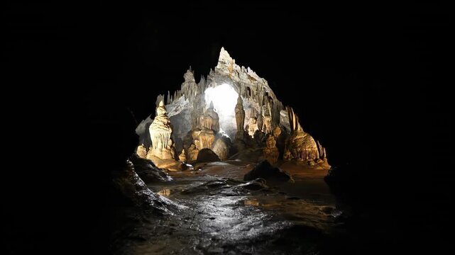 A burning candle glows against a black background inside a deep stone cavern surrounded by natural rock and mountain water