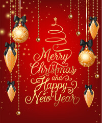 Merry Christmas and Happy New Year lettering with baubles