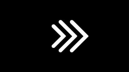 Obraz premium White outline triple chevron arrows pointing right on black background. Modern digital icon for UI, navigation, fast forward, or next.