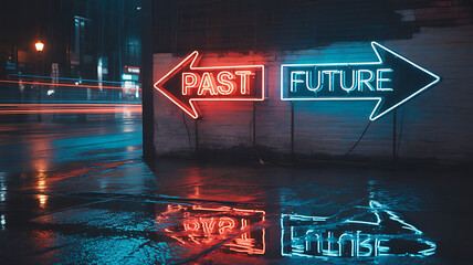 Neon signs illuminating the concepts of past and future in a vibrant city at night, reflecting on wet pavement