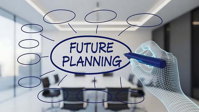 Conceptual future planning visualized with digital hand drawing on glass board in modern conference room, strategic business vision