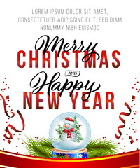 Christmas and New Year poster design. Snow globe with snowman