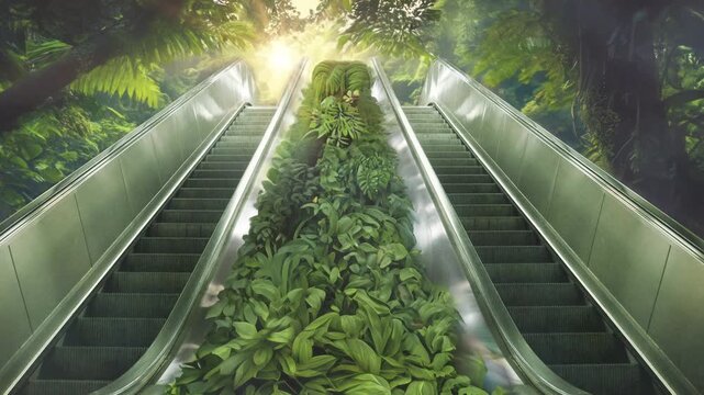 Escalator Covered in Lush Green Plants Leading to Bright Sunlight - 4K LOOP