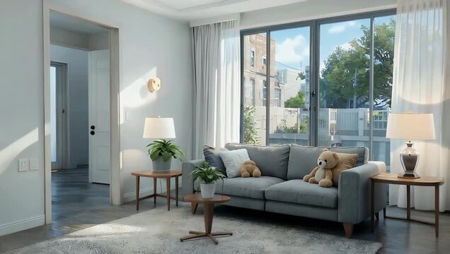 4K seamless animated background of a modern living room interior rendered in cartoon or anime watercolor illustration style ideal for virtual sets animated content digital media or creative motion