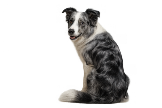 Border collie dog with blue merle coat sitting, turning to look back at viewer, a loyal and intelligent companion