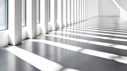 Obraz premium A minimalist, modern interior hallway with a row of white columns and large windows casting strong, geometric shadows across the floor.