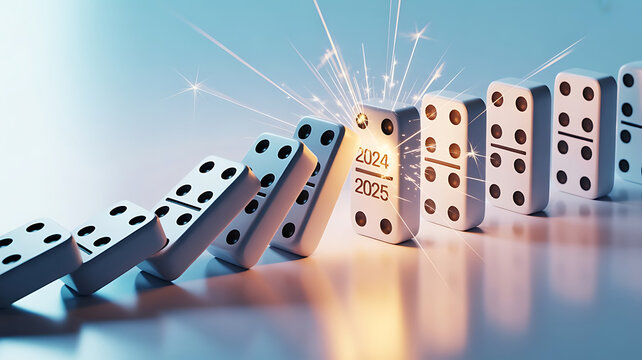 Domino effect of 2024 to 2025 with dynamic sparks, representing new year changes and business growth, perfect for financial concepts