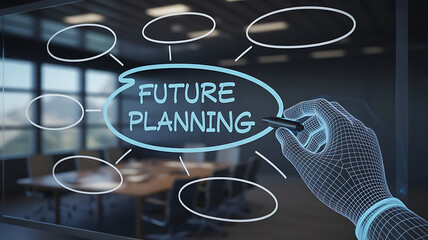 Future planning concept visualized with digital hand drawing mind map in modern office for business strategy and innovation